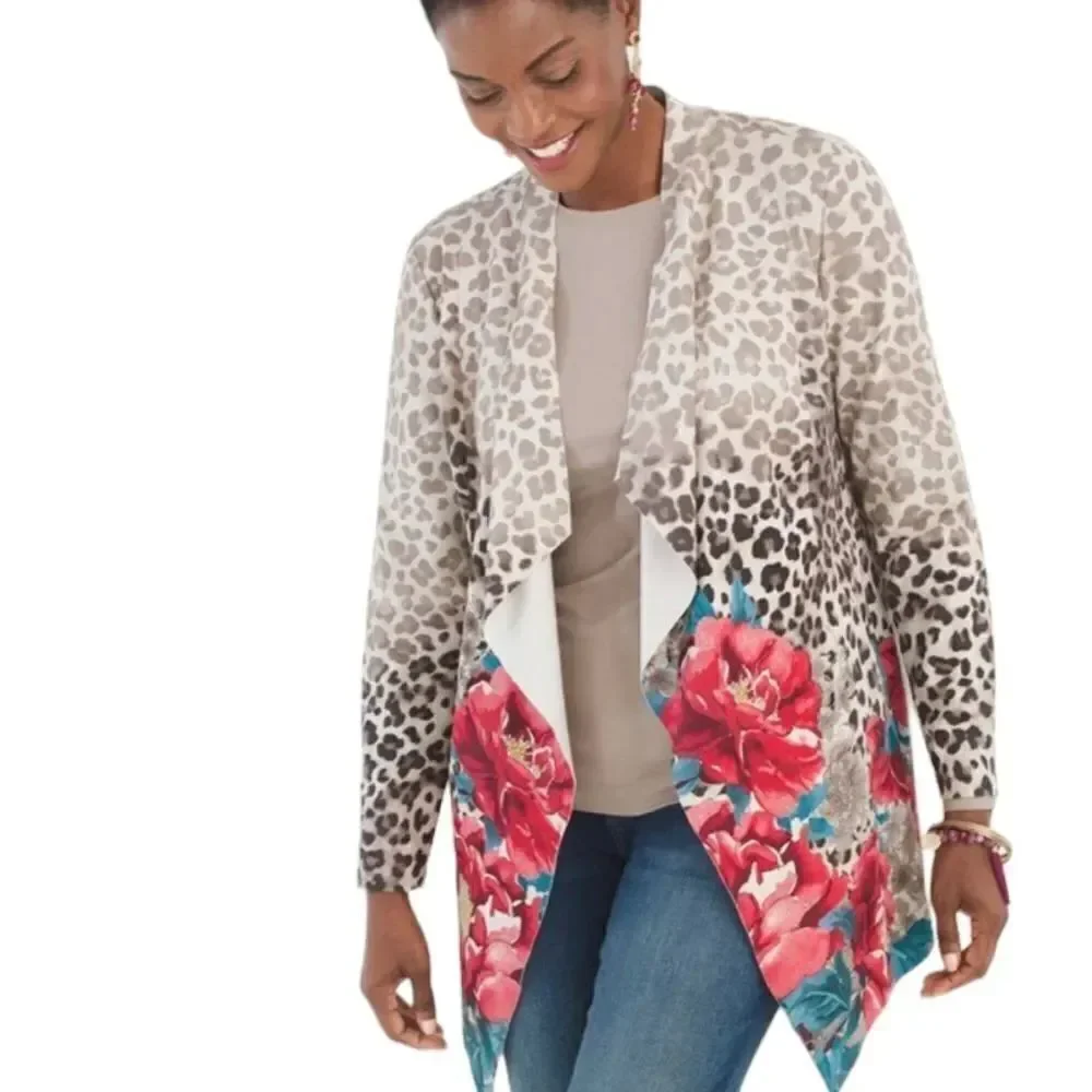 Chico’s suedes draped jacket leopard floral print beige and red size medium